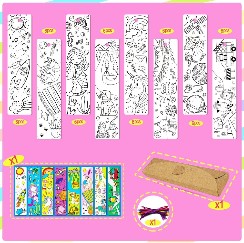 48 PCS Cute Bookmarks for Kids Bulk DIY Coloring Blank Color Your Own Bookmarks for Kids Teacher Classroom Party Game Prize Art Craft Birthday Supplies Reading Club Rewards