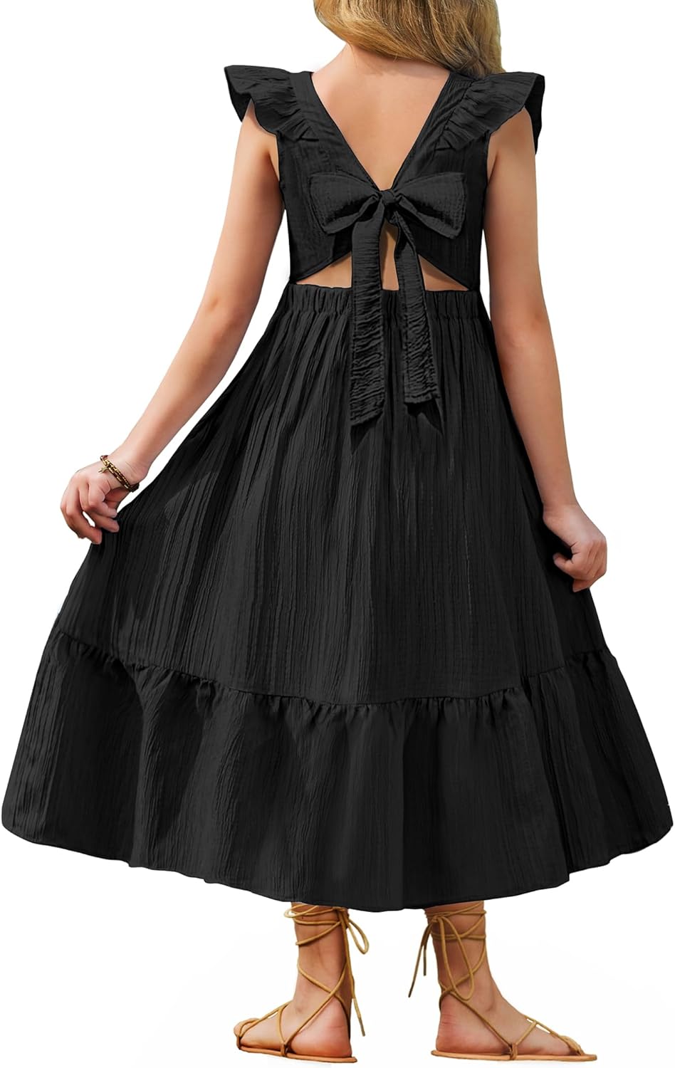 Arshiner Girls Summer Tie Back Dress Tween Boho Casual Square Neck Flutter Sleeve Maxi Dresses with Pockets