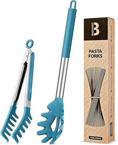 Cuchara de silicona para espaguetis y pinza para pasta, mango de acero inoxidable antiadherente, juego de tenedores para pasta con dientes, clip
