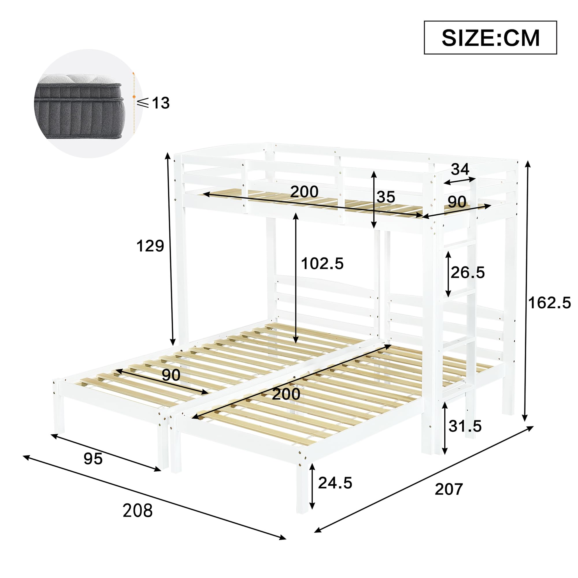 Cama Triple, litera Triple con Escalera Lateral para niños y jóvenes, Blanco (90 x 200 cm)