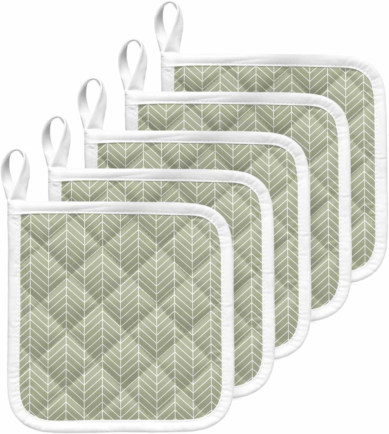 Pot Holder Set of 5 Sage Green Chevron Pattern Potholder Heat Proof Non Slip Pot Holders, Modern Geometric Art Hot Pads Potholders for Kitchen Cooking Baking BBQ