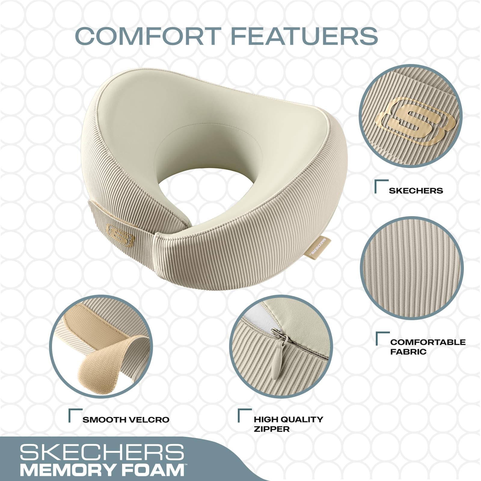 Skechers Nackenkissen aus Memory-Schaum, bequemes und atmungsaktives Reisekissen, Nackenkissen Flugzeug für Reisen, Autofahrten, Zuhause und Büro, ergonomisches Design für Damen und Herren, Beige