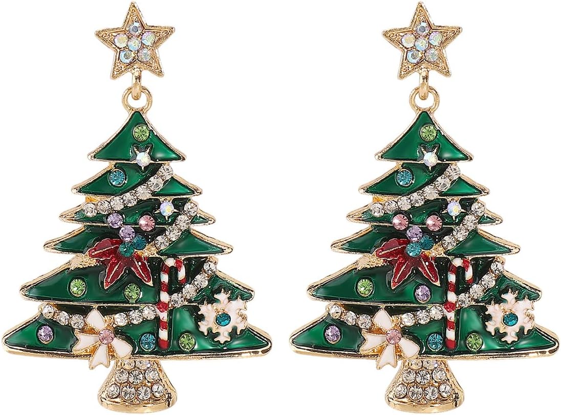 Christmas Tree Earrings Star Bowknot Xmas Tree Dangle Drop Earrings Sparkly Rhinestone Earring Holiday Party Jewelry Accessories for Women