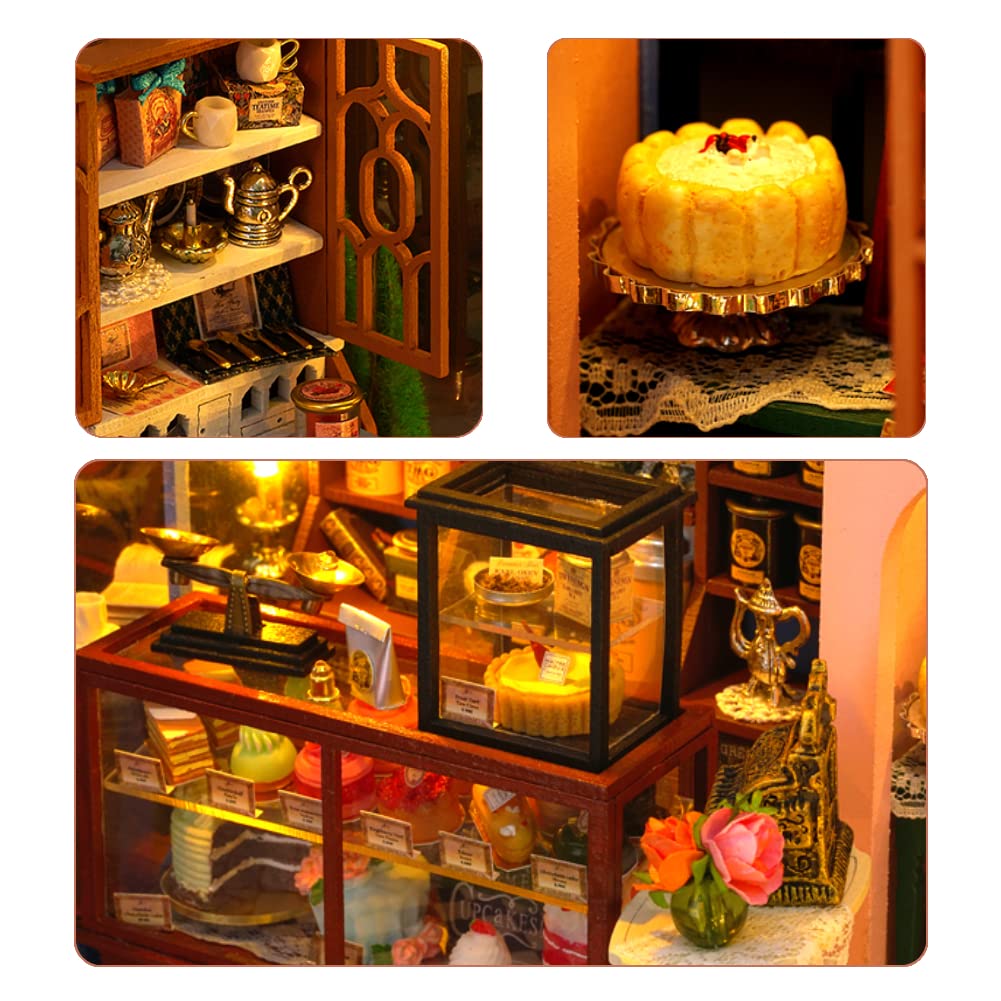 Maison de poupée miniature en bois à monter soi-même - Mini serre avec LED - Cadeau d'anniversaire pour garçons et filles (maison de thé)