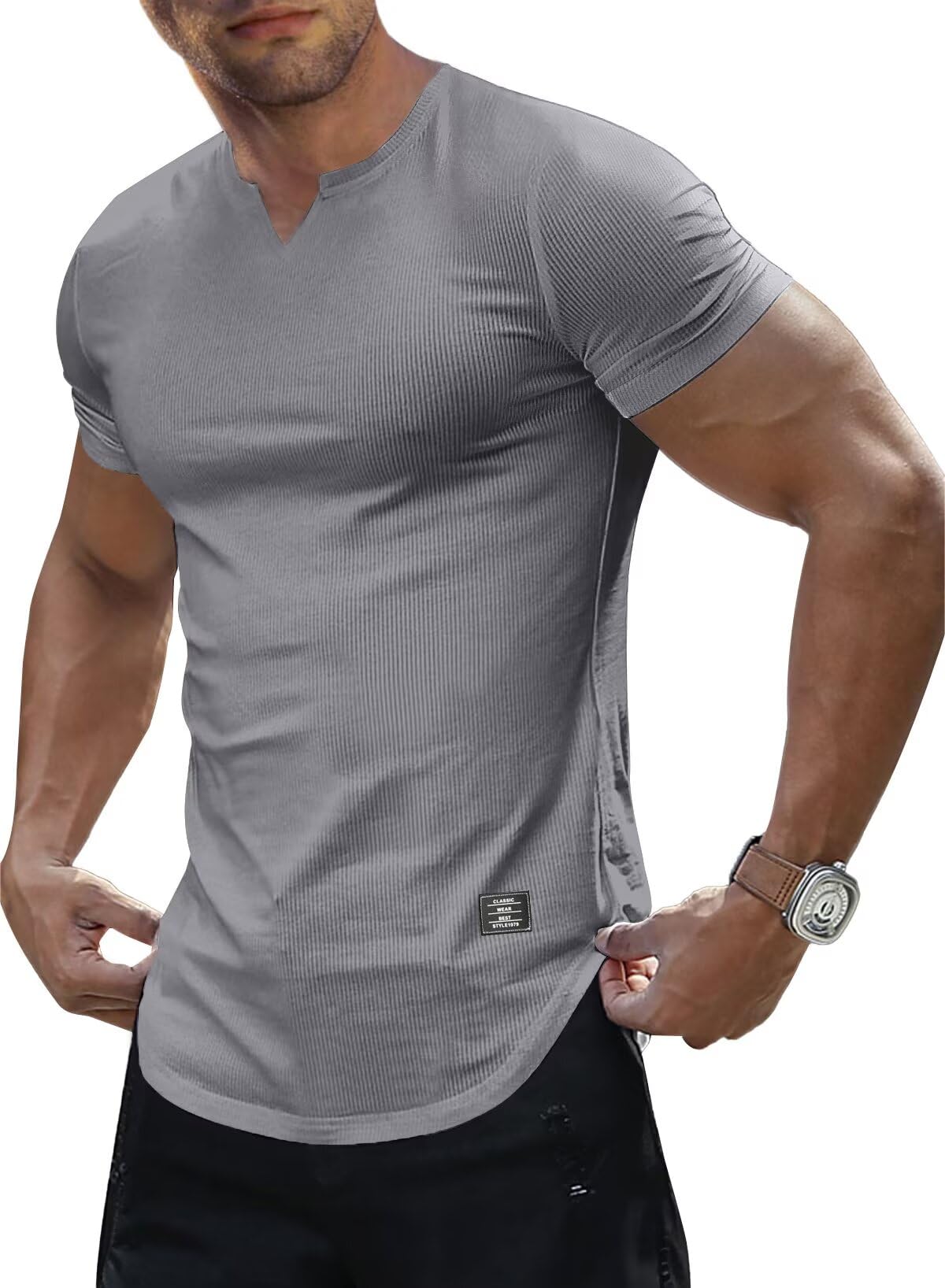 Meilicloth Camiseta Hombre Slim Fit Cuello en V Manga Corta Deportiva Básica Musculosa Colores Varios S-3XL — view 7