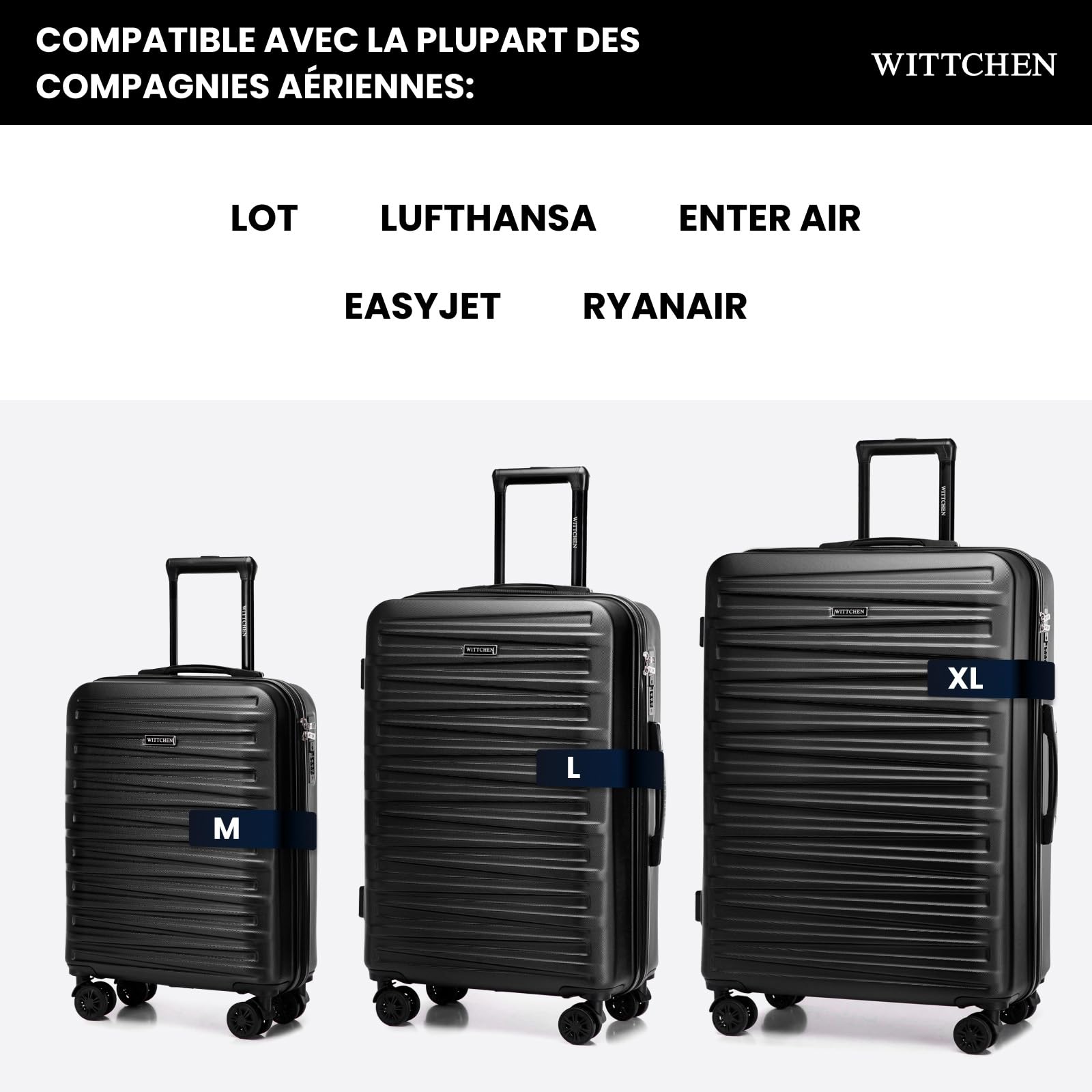WITTCHEN Skyspeed Line Bagages Grande Valise Valise Rigide ABS Grande Valise à roulettes Trolley Check-in Bagages Serrure combinée Poignée télescopique 4 roulettes Noir Air France/Easyjet/Ryanair