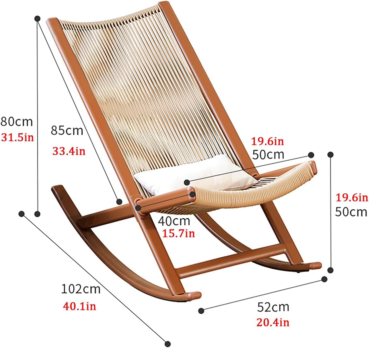 Rattan Rocking Chair, Outdoor Garden Rocker Chair, Reclining Rocking Chair with High Backrest, Relax Leisure Chair with Lumbar Pillow, Load-Bearing 150KG, for Patio, BALC