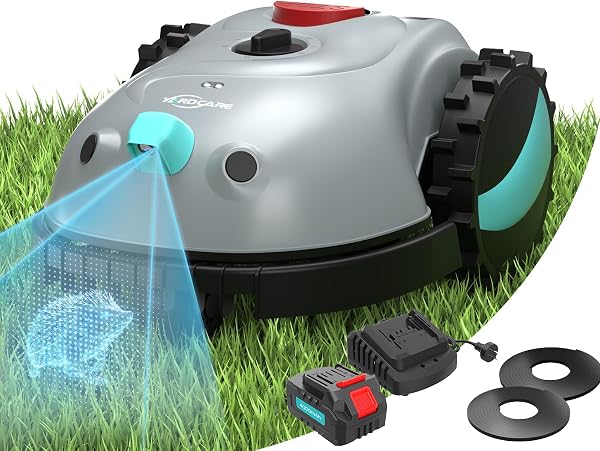Robot tondeuse sans fil YARDCARE V100, navigation par vision, 150 obstacles, batterie 4 Ah, 3 lames