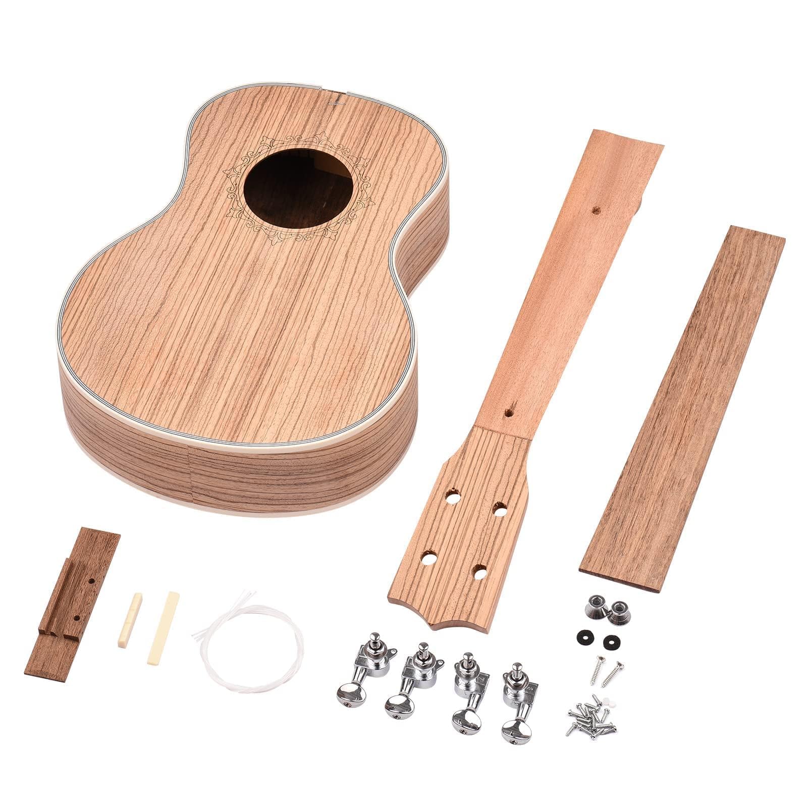 Zebra Wood Ukulele DIY Kit, 26 Zoll Tenor Ukulele DIY Kit mit Zebraholzpanel Rosenholz Fingerbrett mit Stiften Strings Werkzeuge Spaß Einfaches Montagekörperhalsbrücke für DIY