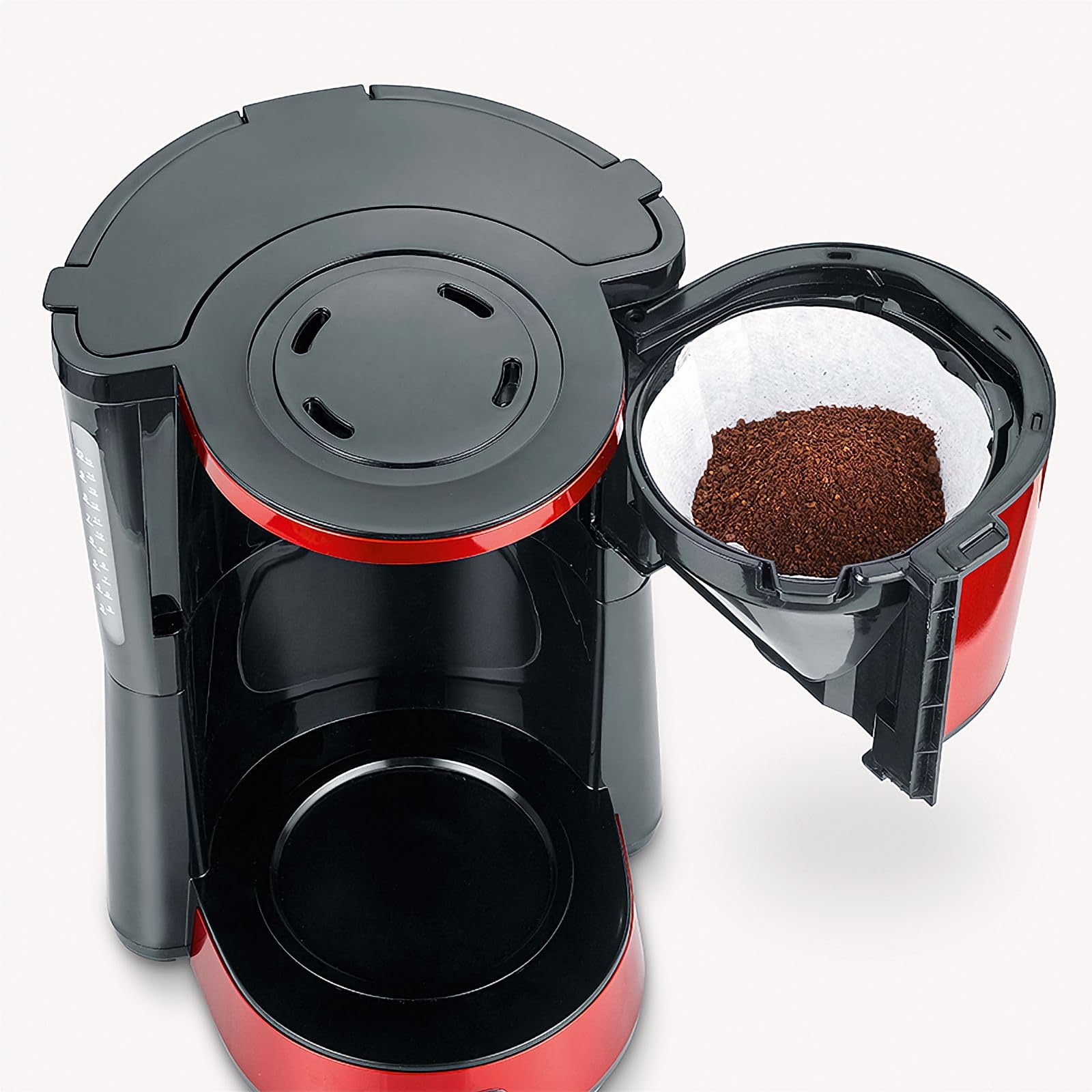 SEVERIN - Cafetera de goteo para 10 tazas, Cafetera de filtro / Cafetera americana con jarra de cristal, Con placa calefactora y desconexión automática, Negro / Rojo, KA 4817