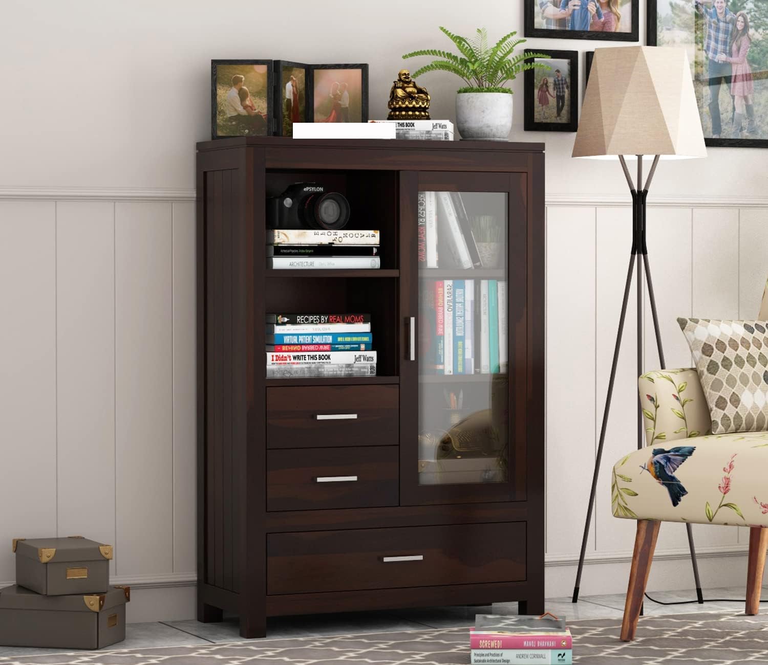 Craftswood Solid Sheesham Wood Bookshelf with Glass Door & 3 Drawers | Wooden Book Cabinet for Living Room & Study | Home Library Book Rack – Preassembled Walnut Finish Storage Furniture-image-29