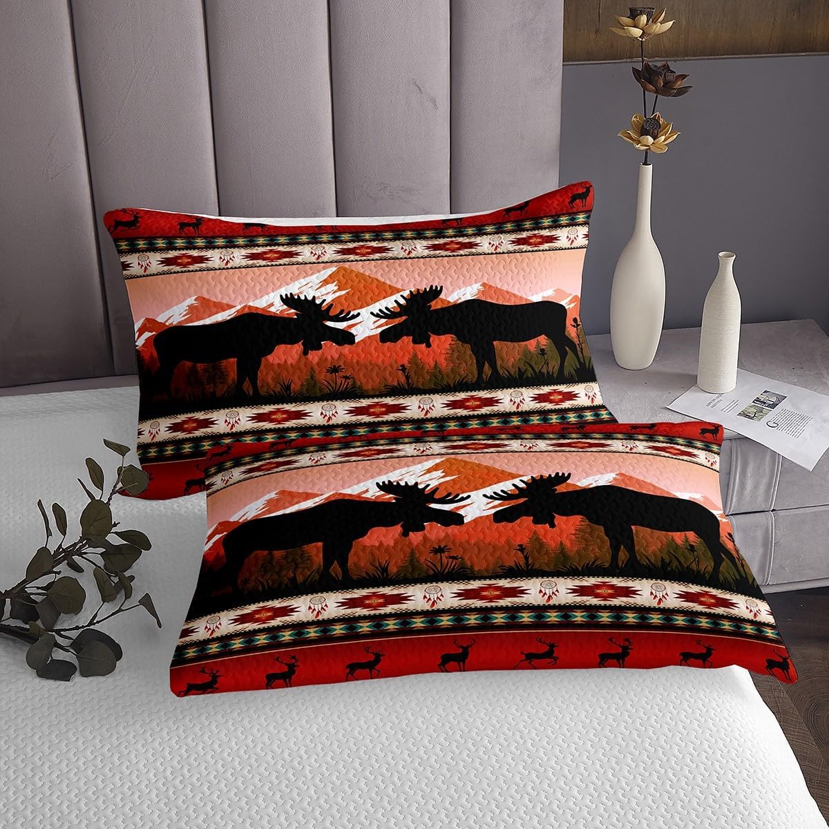 Deer Hunter Quilt Set King Southwestern Native Aztec Western Bedspread Set,Bohemian Dreamcatcher Coverlet Set Moose Reindeer Indian Tribal Geometric Bedding Set,Country Farmhouse Rustic Room Decor