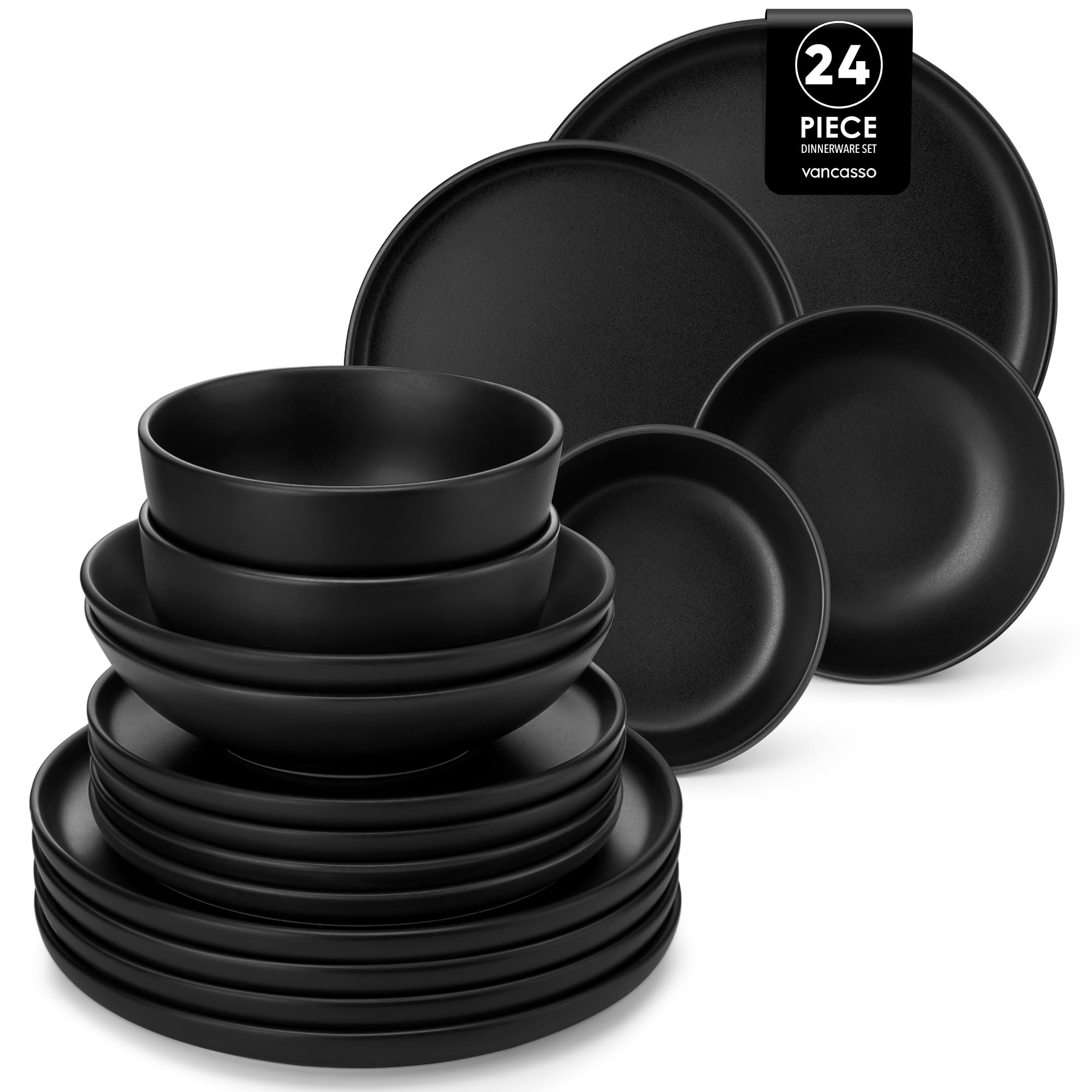 vancasso Black Crockery Sets for 6 People, Elegant 24 Piece Dinner Set with Matte Glaze, Modern Style Playa Dinner Sets for 6 People — image 1