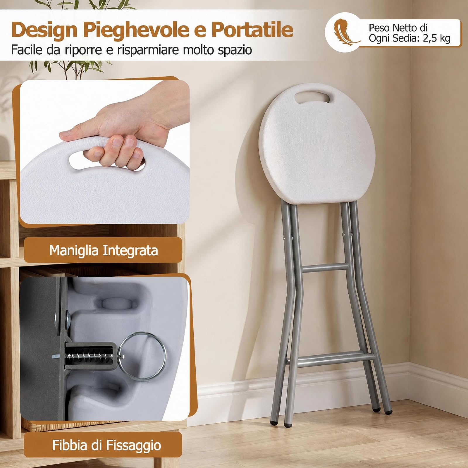 COSTWAY Sgabello Pieghevole da Campeggio in HDPE con Maniglia (Bianco,1) | Sedia Portatile con Gambe in Metallo, Sgabello Rotondo per Interno ed Esterno, per Cucina, Picnic e Pesca, Portata 150 kg