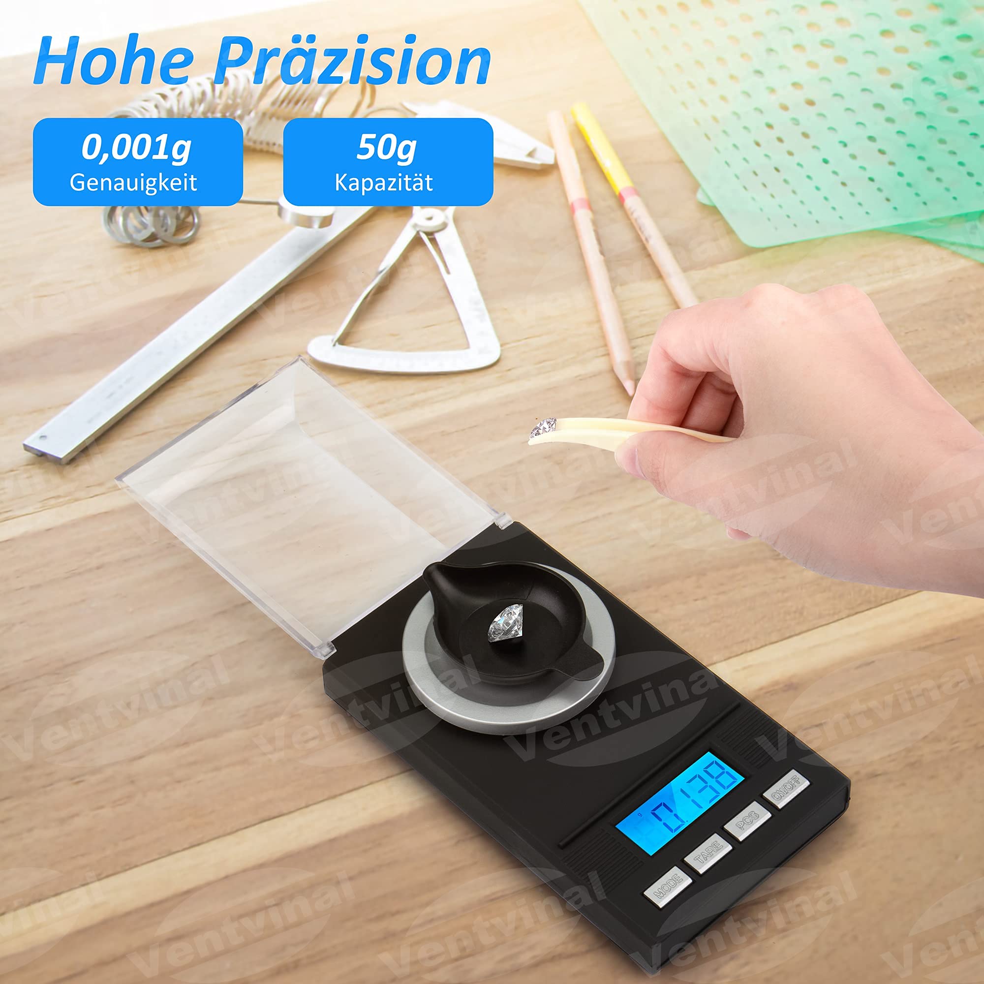 Dokładna waga 0,001 g, 50 g/0,001 g, cyfrowa waga do listów, waga kieszonkowa 50 g, z wyświetlaczem LCD, precyzyjna waga z konwersją 6 jednostek, funkcja tary, funkcja PCS