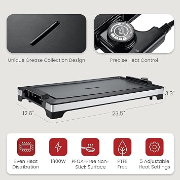 Electric Smokeless Indoor Griddle, Flat Top Grill, 1800W Fast Heat Up BBQ Grill, Large Nonstick Cooking Plate, 5 Levels Adjustable Temperature, Detachable & Dishwasher Safe, Cool-touch Handles, Black