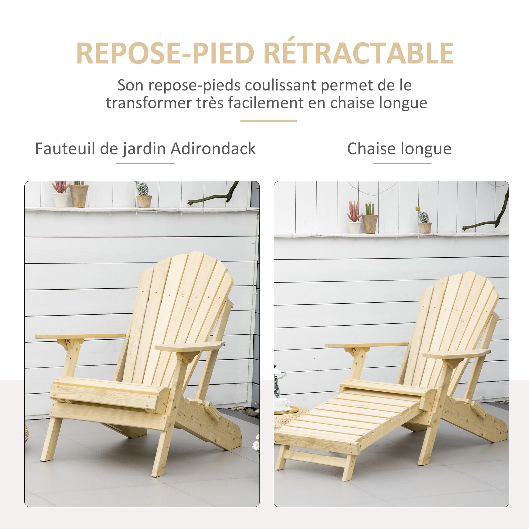 Outsunny Fauteuil de Jardin Adirondack avec Pouf en pin intégré Chaise de Patio Pliante