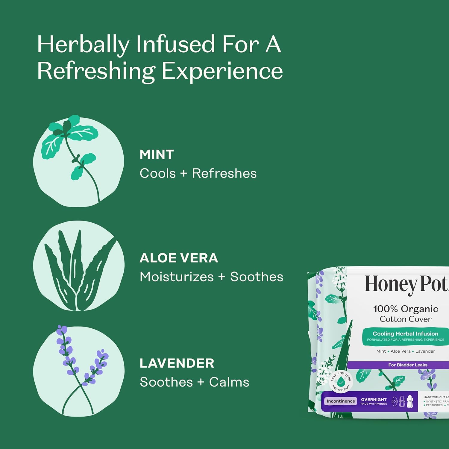 The Honey Pot Company - 64ct - Herbal Pads for Women - Organic Incontinence Overnight w/Wings - Infused w/Essential Oils for Cooling Effect - Postpartum Essentials - Feminine Care