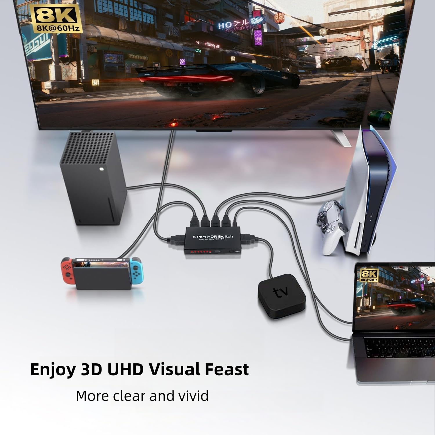 8K HDMI 2.1 Switch 5 in 1 Out, 8K @ 60Hz 4K @ 120Hz HDMI Switcher Selettore con supporto remoto 48Gbps HDR 10+ Dolby Vision/Atmos HDCP 2.3 CEC per PS5 4 Pro B0X TV Game PC Roku