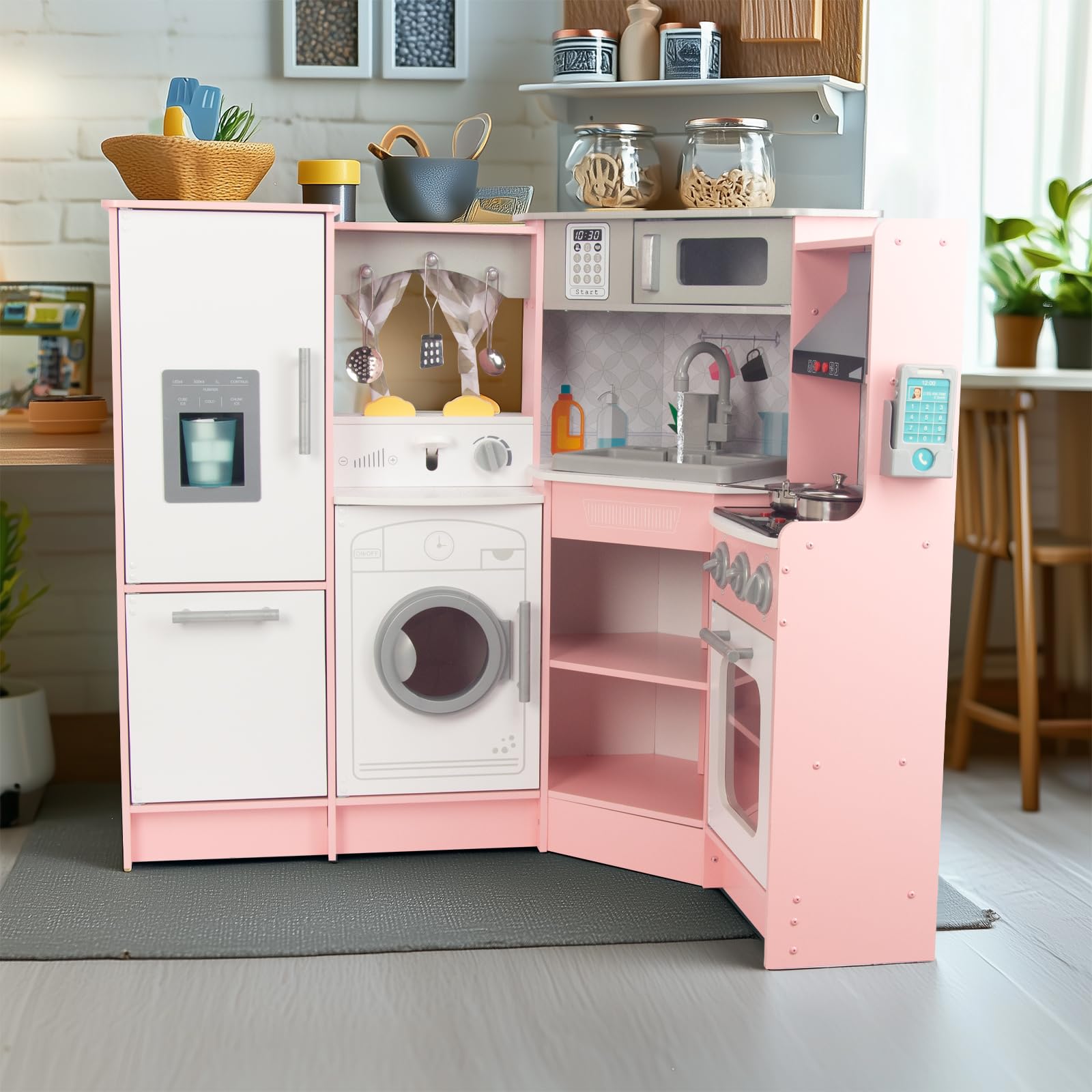 Wooden Pink Kitchen Playset for Kids with Real Lights and Sounds, Include Water Circulation Faucet, Ice Machine, Pop-up Toaster, Microwave, Oven, Cell Phone, Hoods, Gas Stoves and Cooking Accessories