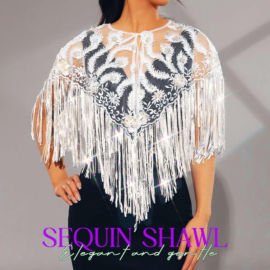 EVILD Women's Sequin Shawls Black Shawl and Wrap 1920s Outfits for Evening Dresses