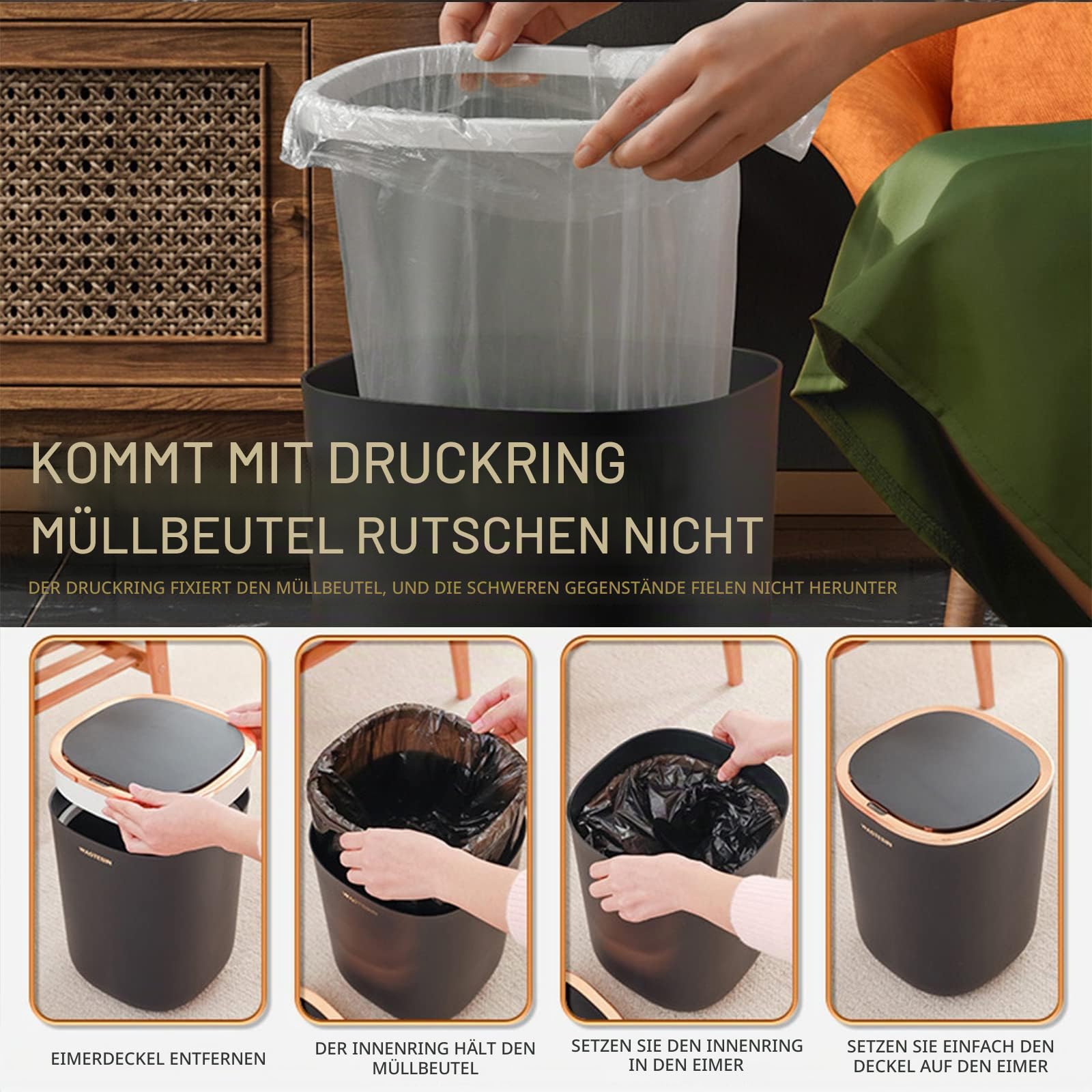 Sensor Müll-Eimer, Automatik Mülleimer mit Smart Sensor, 12L Berührungslos Intelligenter Mülleimer für Küche, Bio-Abfall, Restmüll (Black)