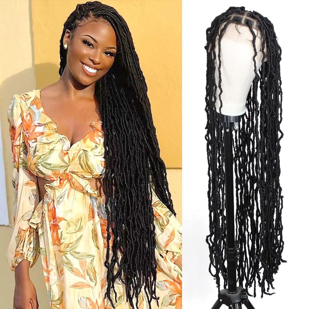 Sangtok New Faux Locs Wigs for Black Women, Extra Long 40 inch Knotless Soft Faux Locs Wigs, Full Double Lace Locs Wig