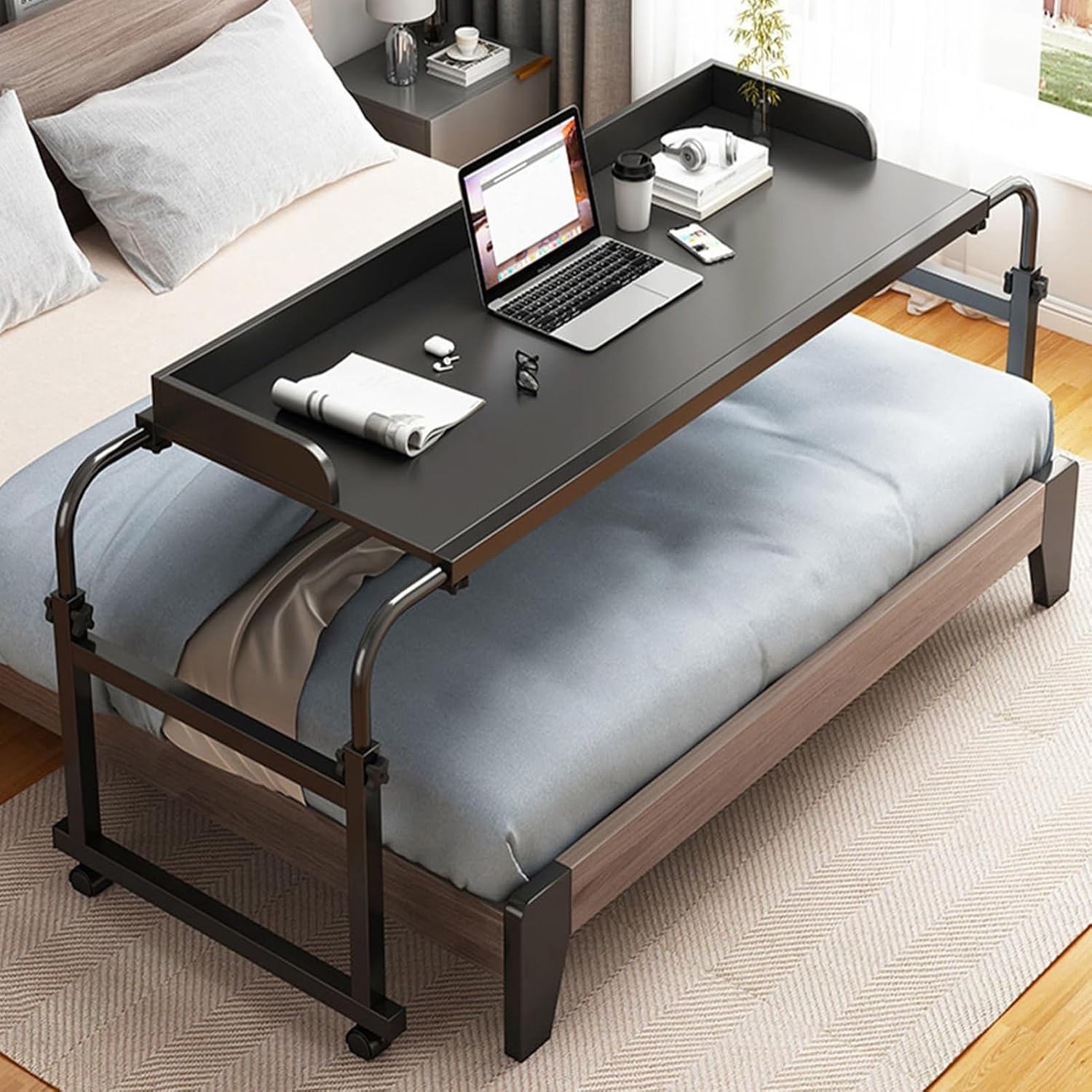 Adjustable Overbed Table with Wheels Ideal Medical Bedside Desk for King Size Beds Standing Desk for Over Bed Use Home Desk with Easy Maneuverability