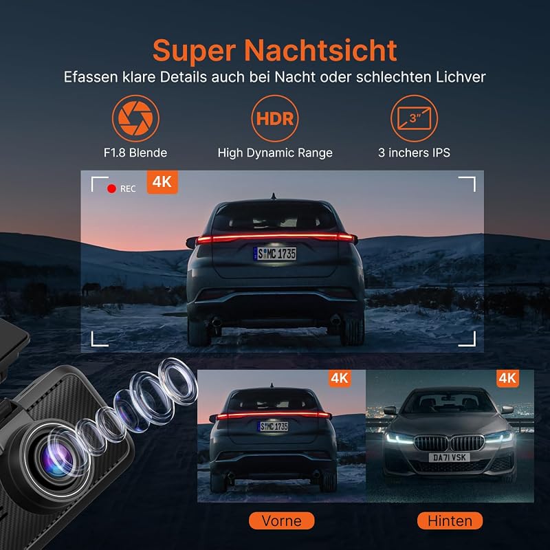 Miofive S1 Ultra 4K+4K Autós Menetrögzítő Kamera, Első-Hátsó GPS, 5.8GHz WiFi, Éjjellátó, 3" IPS Kijelző, 64GB Kártya, HDR, Applikáció
