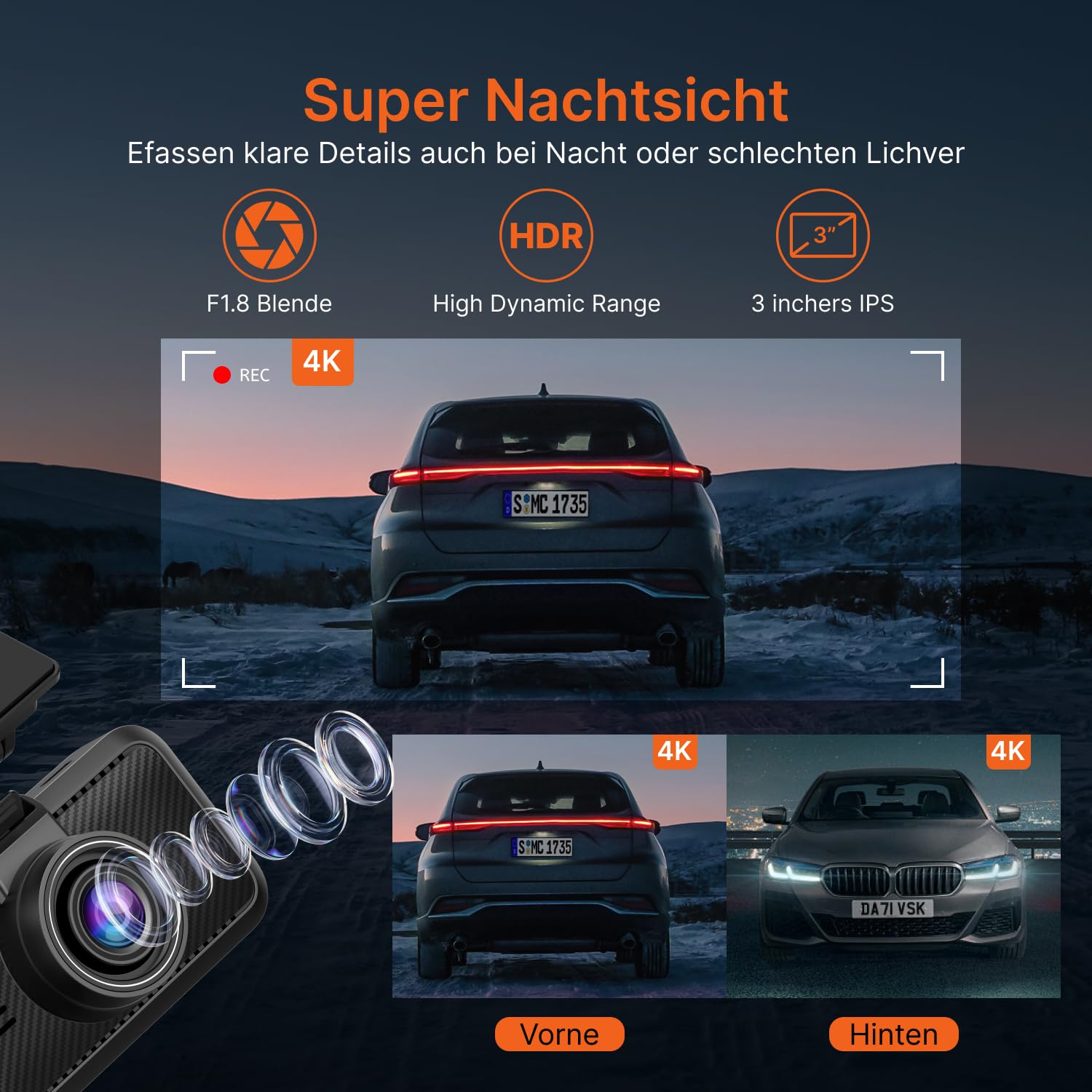 Miofive 4K/4K Dashcam Auto Vorne Hinten, GPS, 5.8GHz Wi-Fi, Dual Auto Kamera mit Nachtsicht, kostenlose 64-GB-Karte, 3-Zoll-IPS-Display,Loop-Aufnahme, HDR, APP Steuerung, Support 512GB Max
