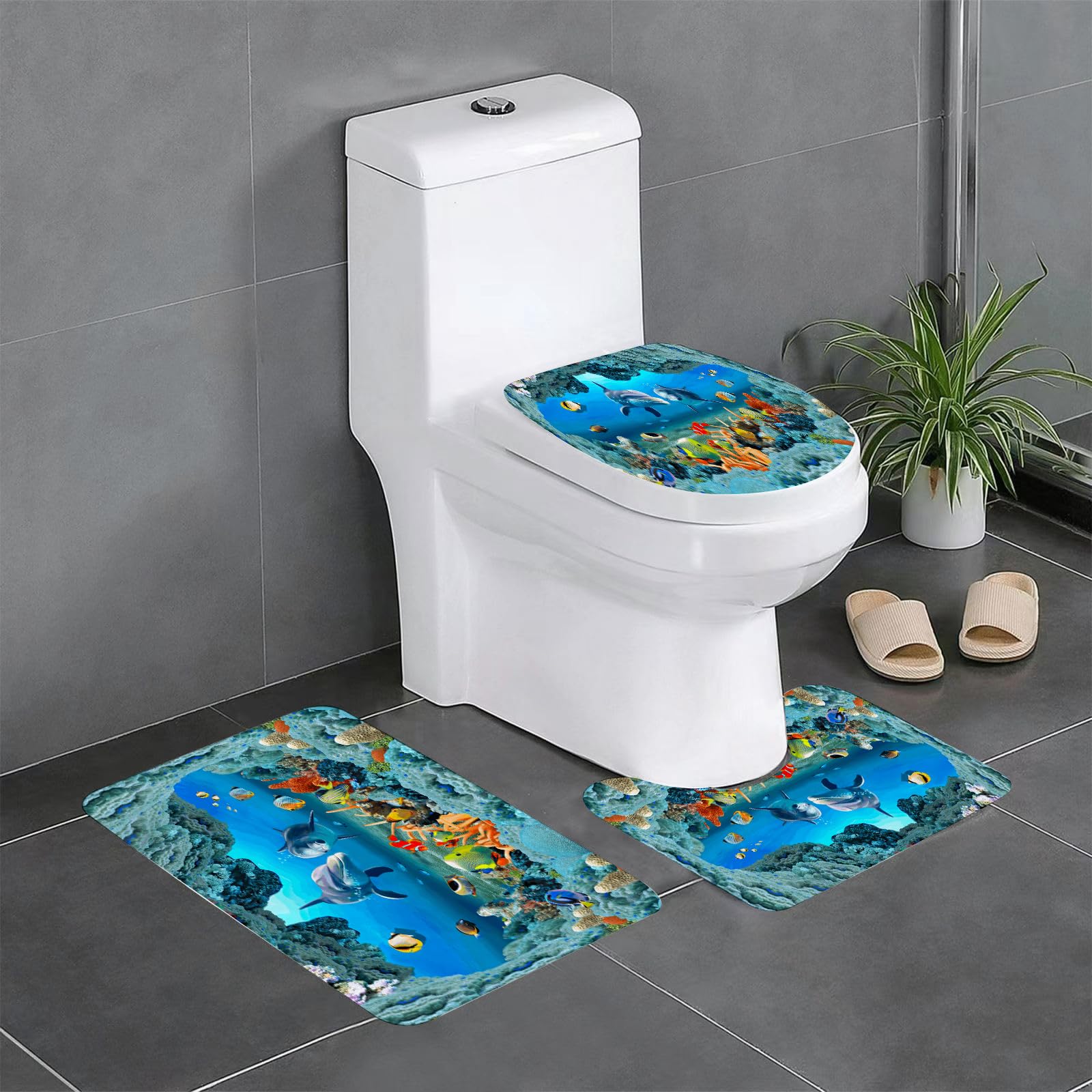 AELKSP 3 Piece Non Slip Bathroom Rugs Set,Luxury Thick Microfiber Shaggy Bath Mat Sets,Underwater world Whale Coral Fish Ocean Blue Sea World, quick mouse contro,Machine Washable Bathroom Mats Carpet