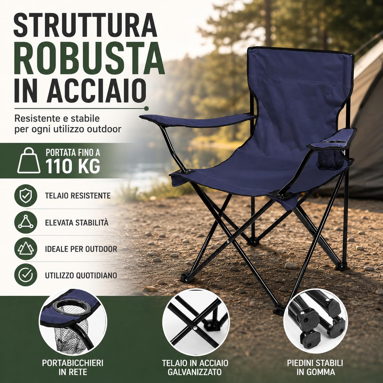 IlGruppone Sedia Camping Pieghevole in Acciaio con Porta Bevande – Sedia da Campeggio Portatile Impermeabile e Antiruggine con Sacca Trasporto – Ideale per Mare, Spiaggia, Pesca e Outdoor (Blu)