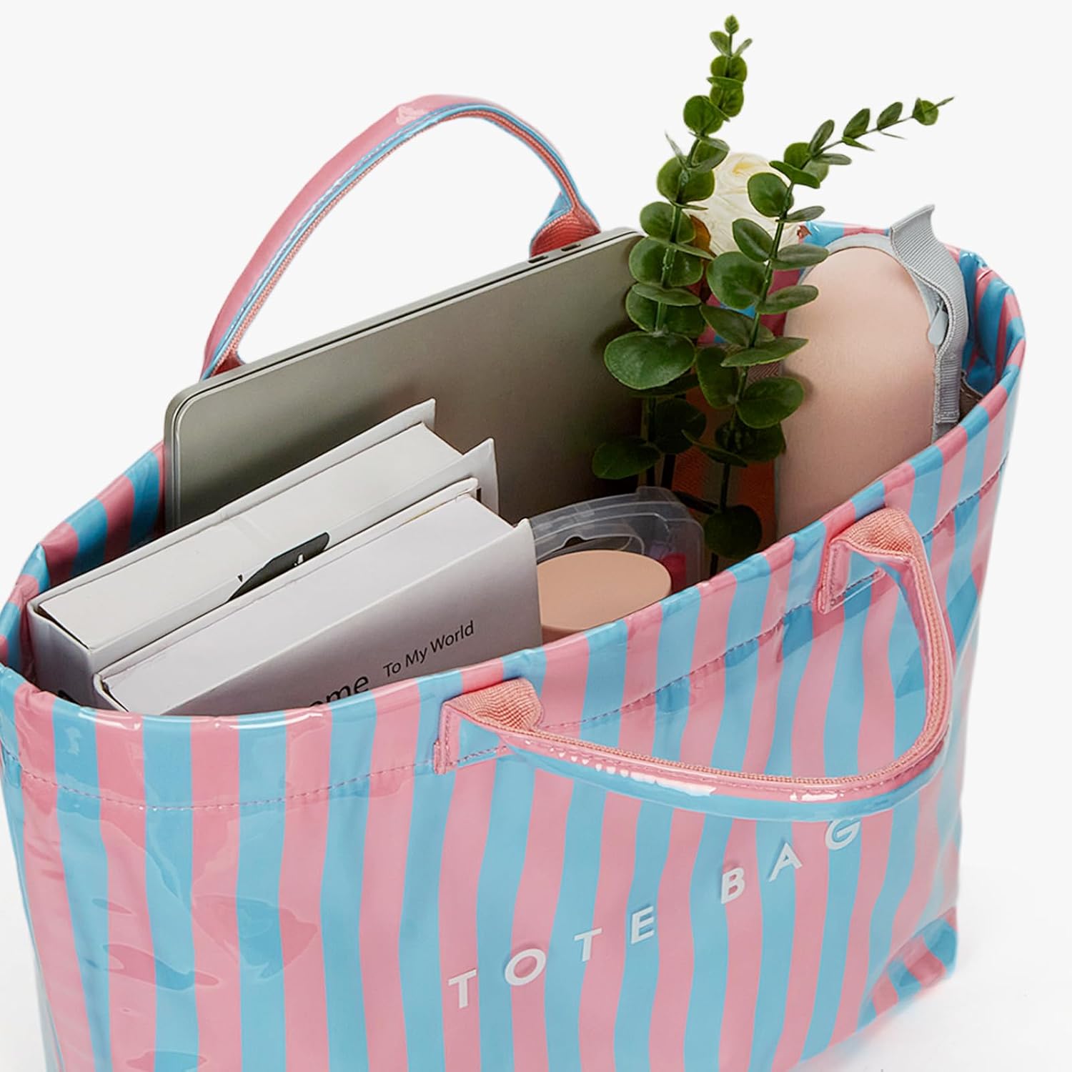 Lushandy Striped PVC Tote Bag for Women, Waterproof Plastic Tote Bag for Beach Pool Large Top Handle Travel Hobo Handbag