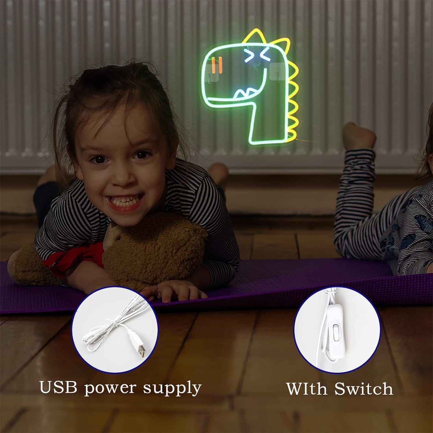 Akrylowy podświetlany napis Znak neonowy LED Zielony dinozaur Neony, Neony LED USB do pokoju dziecięcego Wystrój sypialni, Wiszący na ścianie szyld świetlny, 33X28cm Znak świetlny na ścianę domu