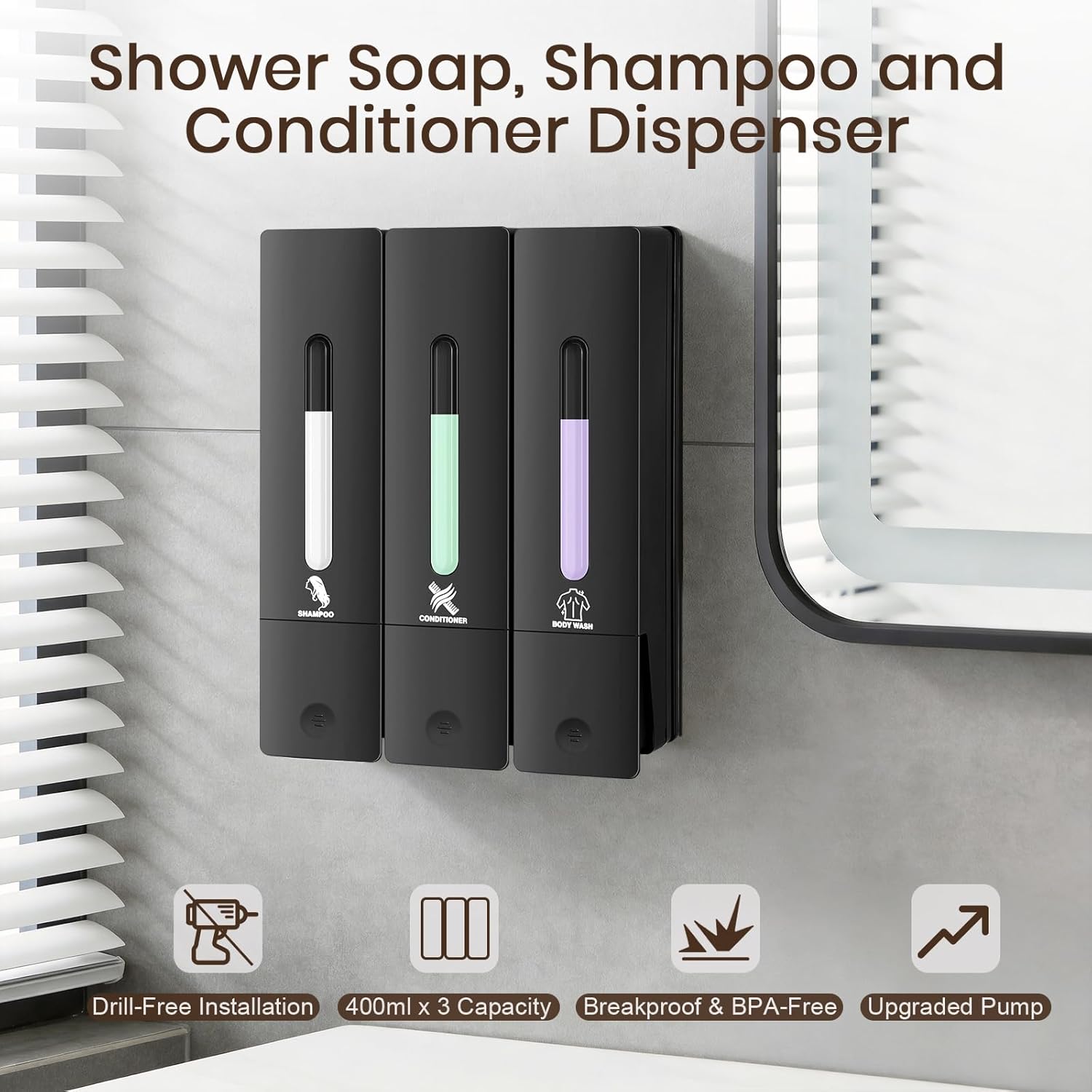 3 Chamber Shampoo and Conditioner Dispenser, No Drill - Wall Mounted Shower Soap Dispenser, Refillable Body Wash Dispenser Set 3, 1200ML Large Capacity, for Bathroom & Hotel, Black
