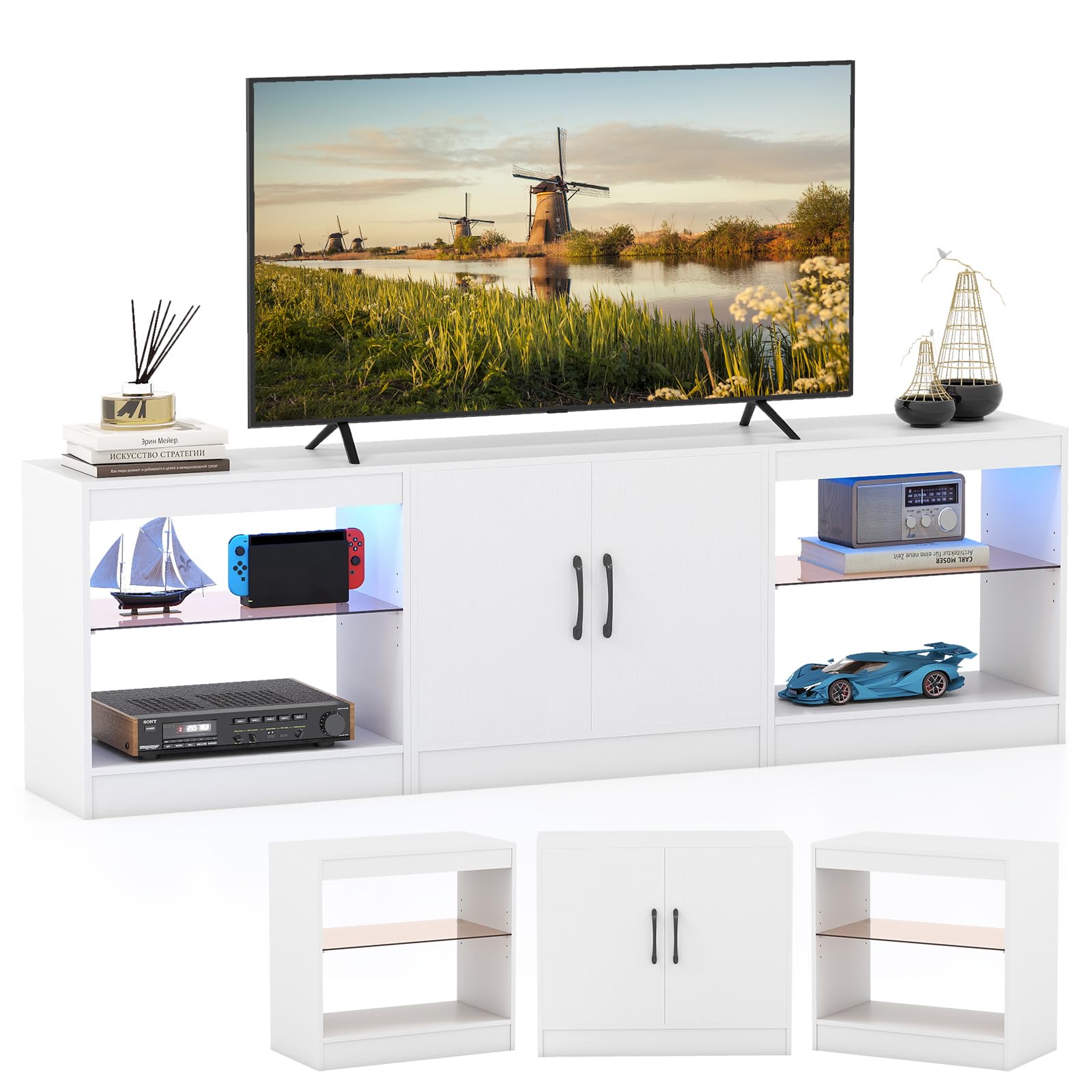 COSTWAY Meuble TV LED pour Télé 85", Meuble Télé Modulaire en 3 Pièces, Étagères en Verre Réglables, 16 Couleurs, Lminosité Télécommandée, Table TV pour Chambre, Salon, Gaming (Blanc)