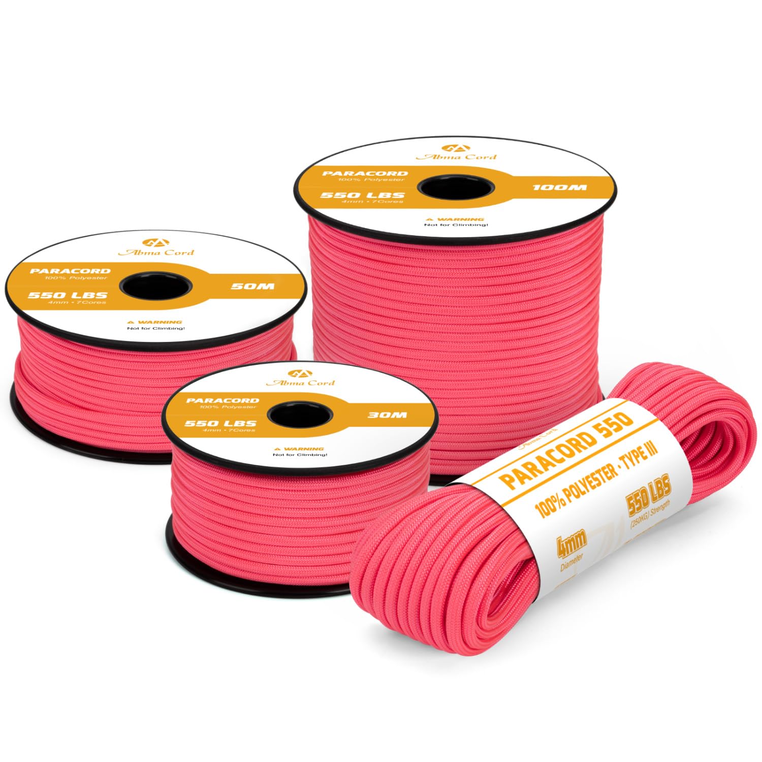 Abma Cord 550 Paracord 4mm 30m Rope 7 Strands Type III Parachute Cord for Crafting, Camping, Survival, Outdoor - Max. 250kg - Neon Pink