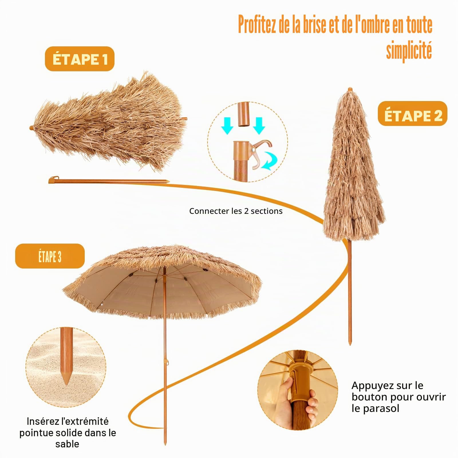 KOMFOTTEU φ205 cm Parasol de Style de Hawaïen, 2.2m de Haut, avec Protection solaire, Parasols de Plage en Paille simulée de Riz pliable, Parasol Exotique, pour Jardin, Balcon, Plage, Terrasse, jaune