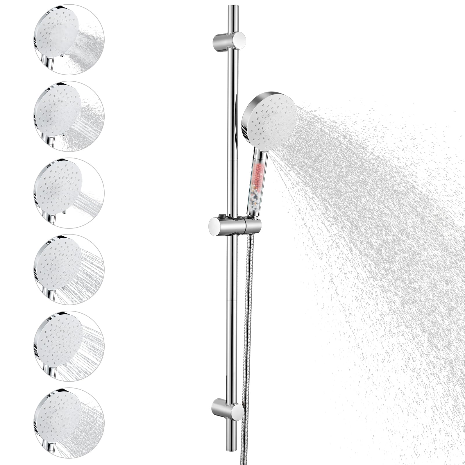 Auralum Barra de Ducha 90cm con Alcachofa 6 Funciones Filtro Anticloro, Columna de Ducha Acero Inoxidable, Soporte 360° Regulable, Flexo Antitorsión 1.5m, Kit Ducha Baño Familiar y Renovación, Cromo