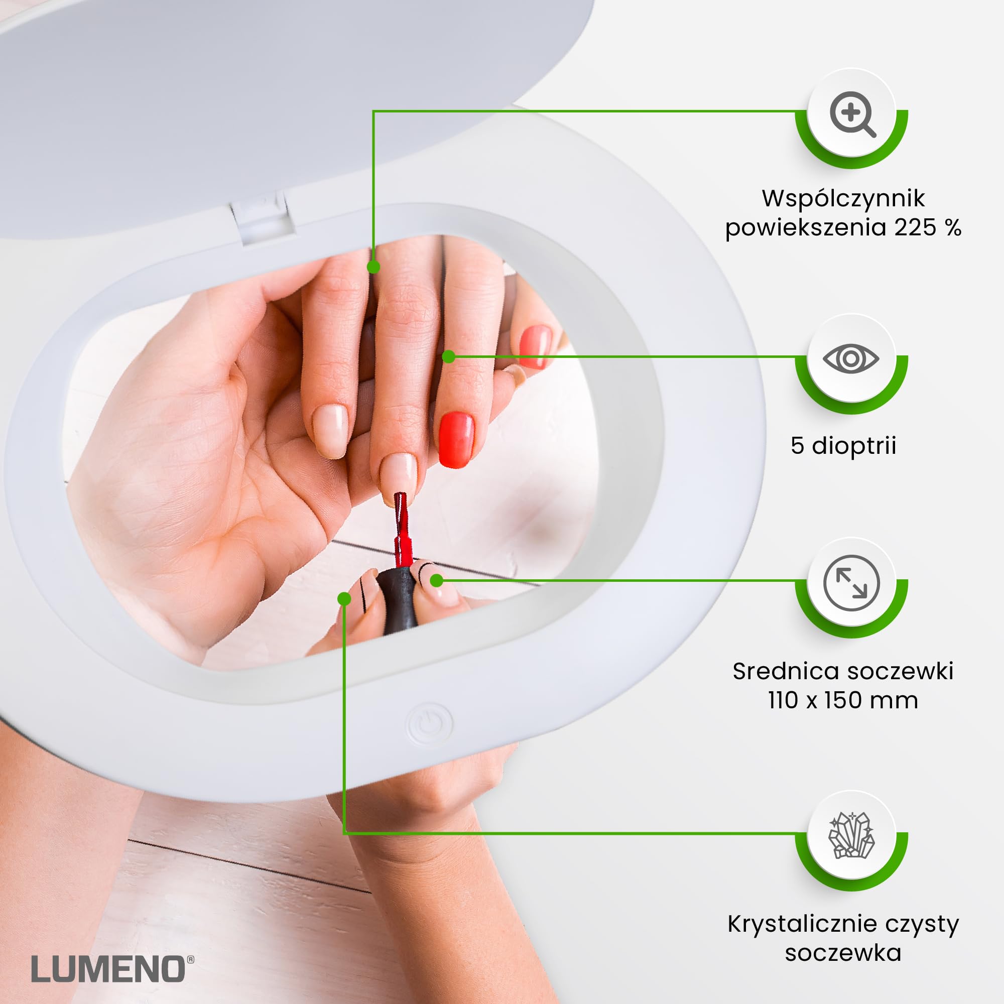 Lumeno 8615GR Lampa powiększająca Lampa robocza z dużą owalną soczewką 110x150 mm, 60 LED ściemnianych w 2 stopniach, idealna jako pomoc do czytania, kosmetyków lub lutowania, 5 dioptrie, szary