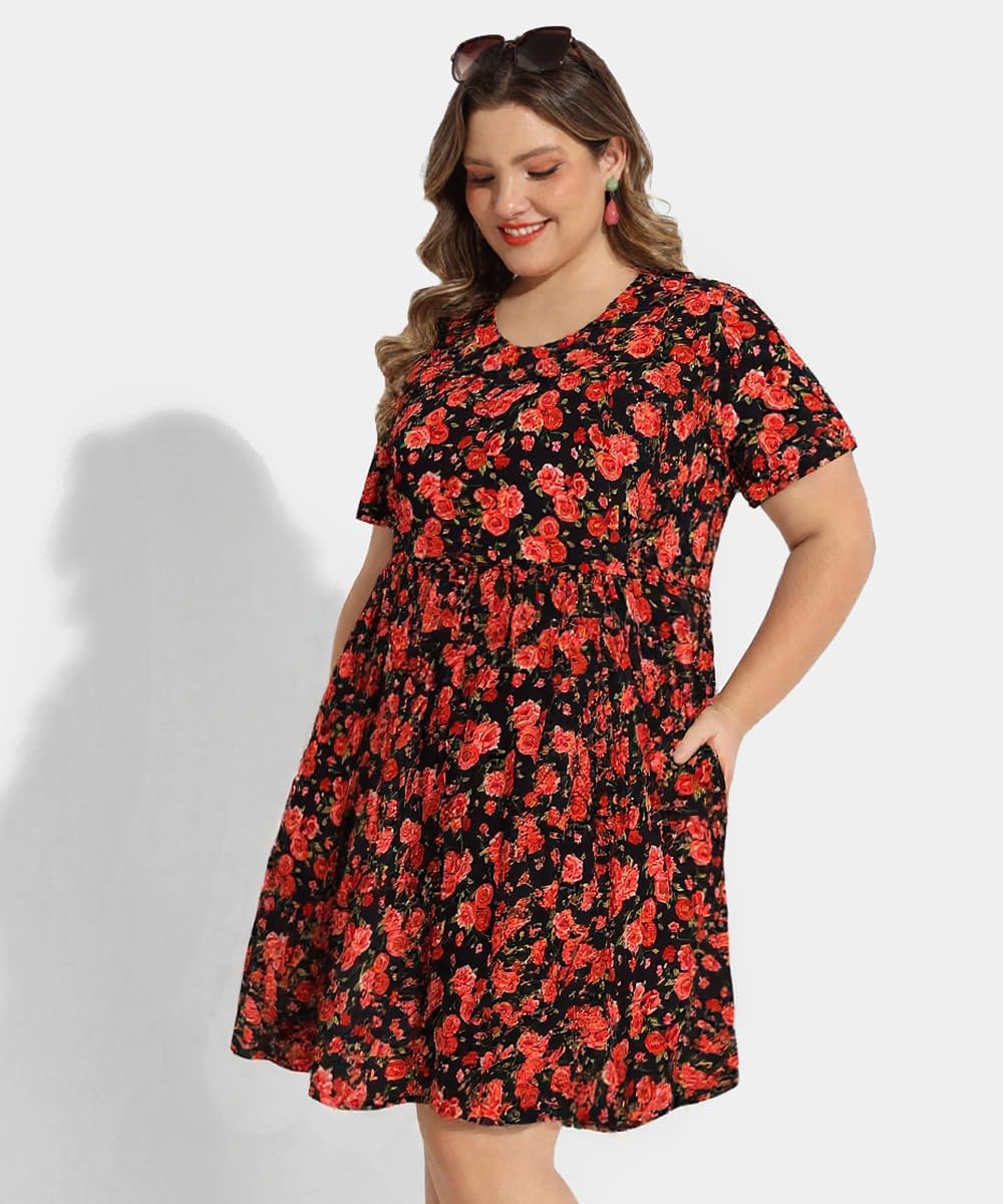 CARCOS Womens Plus Size Dresses Summer Short Sleeve Babydoll Dress Beach Casual Loose Mini Sundresses with Pocket XL-5XL - Image 3