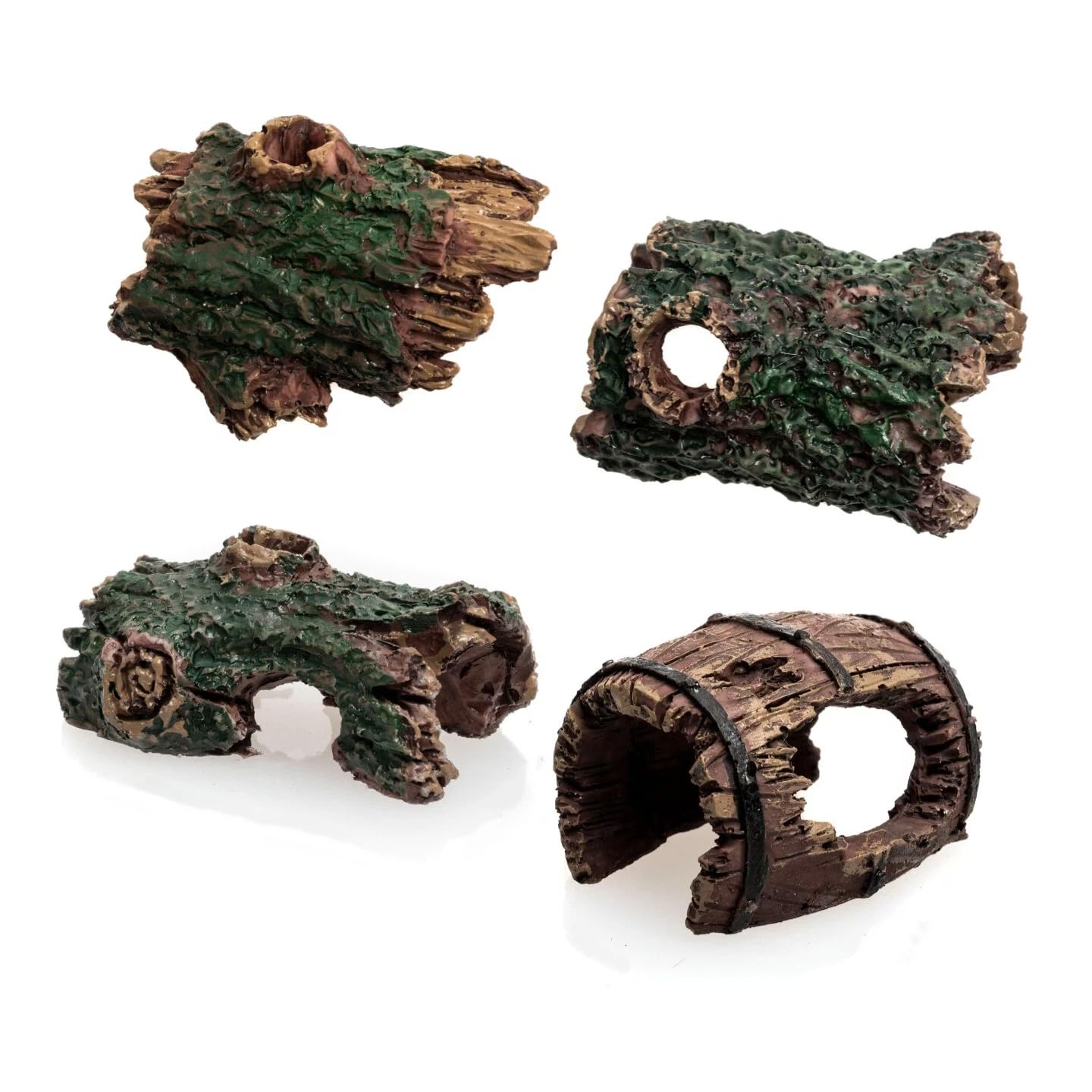 RARITYLL 4 Pcs Mini Aquarium Decorations Set - Resin Fish Tank Ornaments with Barrel, Broken Bridge, Log & Wood Slice, Natural Underwater Landscape for Small Tanks, Shrimp Hide, Betta Tank Accessories