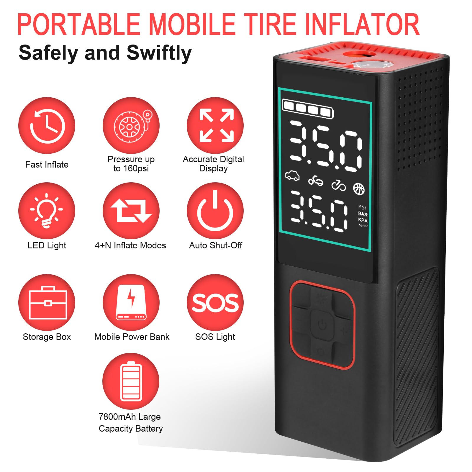 Compressore d'aria portatile per pneumatici, 160 psi, 7800 mAh, 25 cilindri, 3 volte più veloce, per gonfiare la pressione dei pneumatici dell'auto, con manometro digitale, adatto per auto, moto