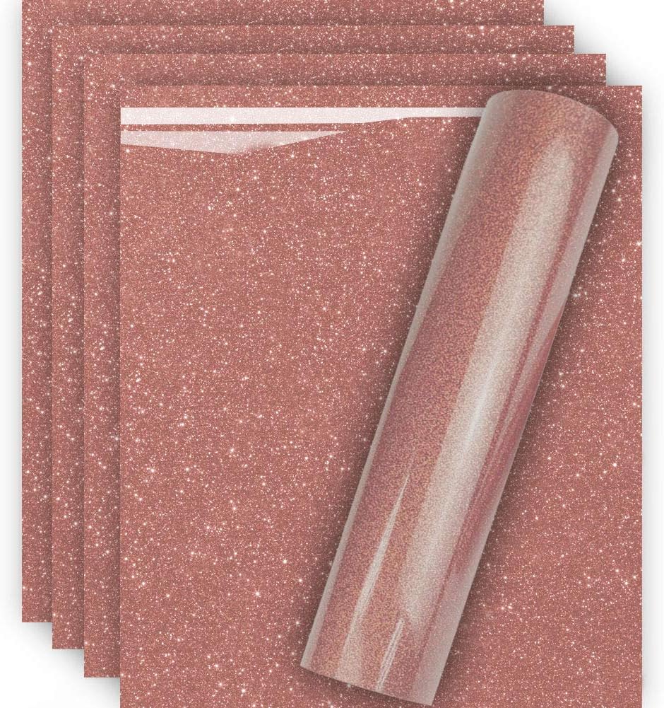 Rose Gold Glitter HTV Heat Transfer Vinyl for T-Shirt 12" X 10"(Pack of 5), Easy to Weed and Iron on, Guaranteed Size