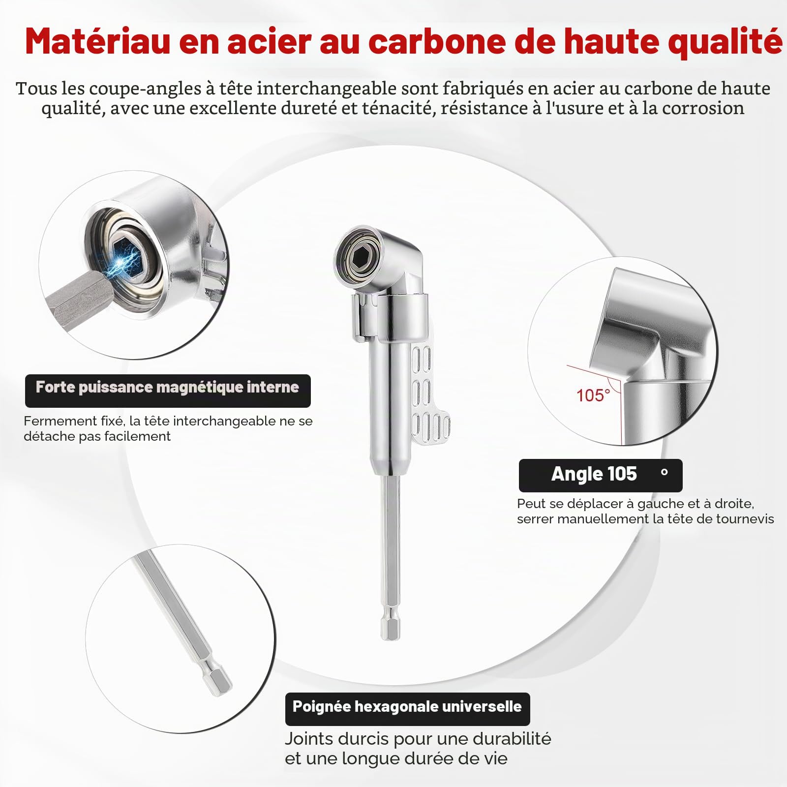Gueenky 2 Pièces Renvoi D'Angle Visseuse, 105° Adaptateur de Perceuse à Angle avec Embout Visseuse, Foret à Angle Droit à Tige Hexagonale 1/4'' pour Perceuse Tournevis Adaptateur