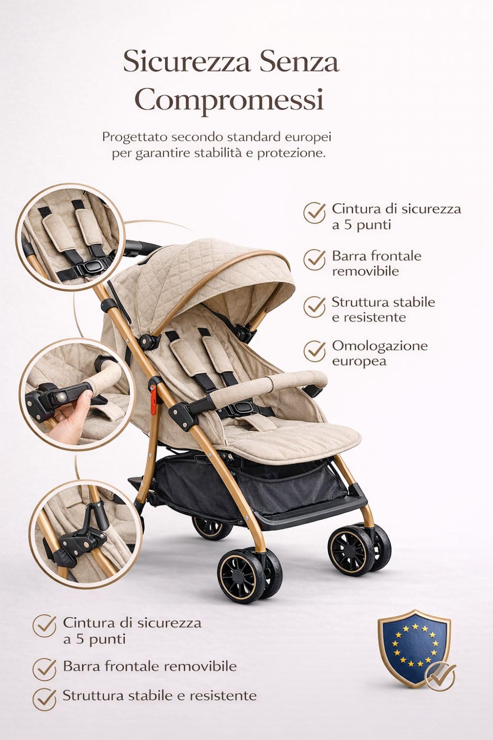 Passeggino Leggero Pieghevole 0-36 Mesi – Chiusura a Una Mano, Schienale Reclinabile, Cintura 5 Punti, Barra Removibile, Cappottina Imbottita, Compatto da Viaggio fino a 20 kg – 4 Co