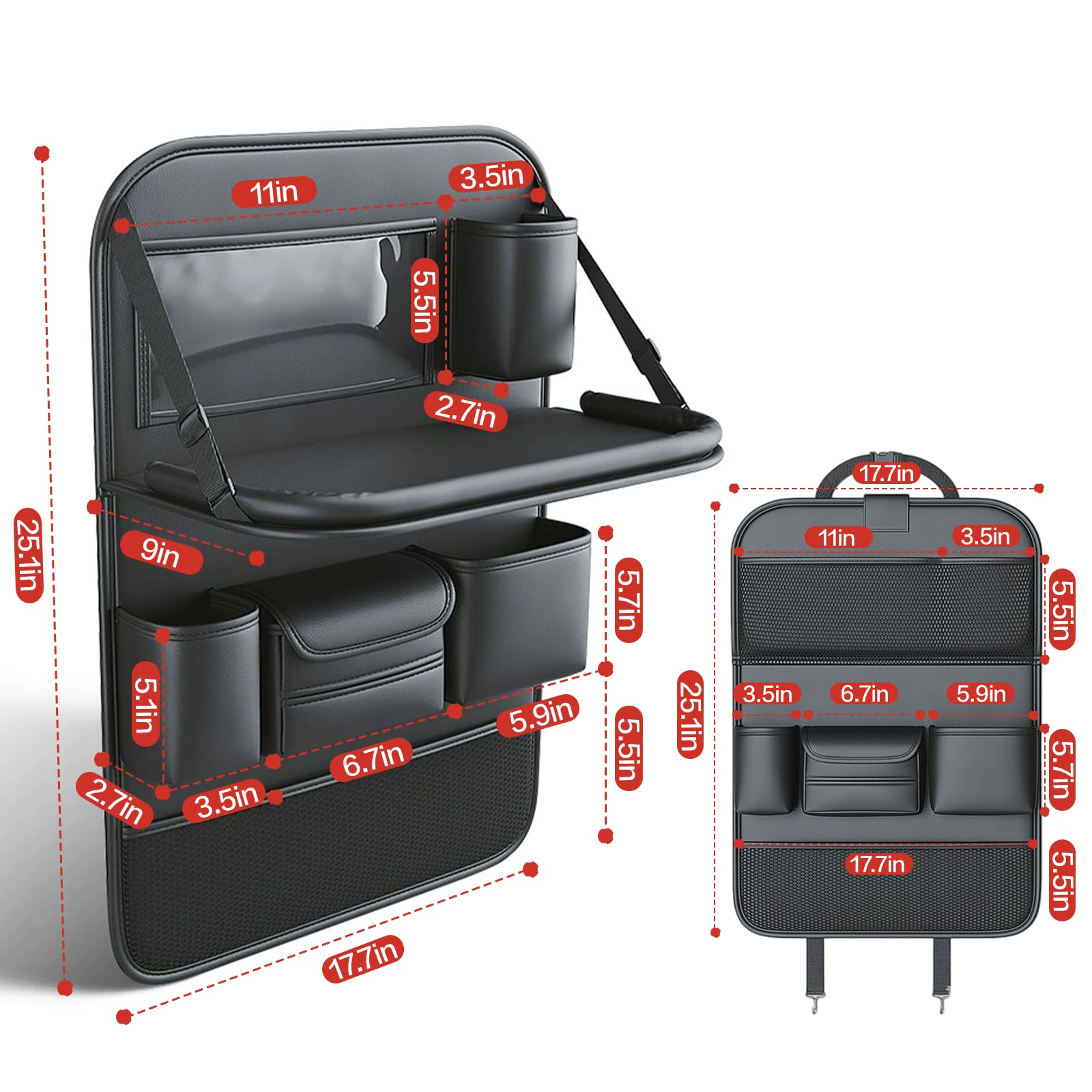 Primst Paquete de 2 organizadores de cuero para asiento trasero de coche con bandeja de mesa plegable, protectores de respaldo de asiento de coche, organizador plegable para asiento de coche con