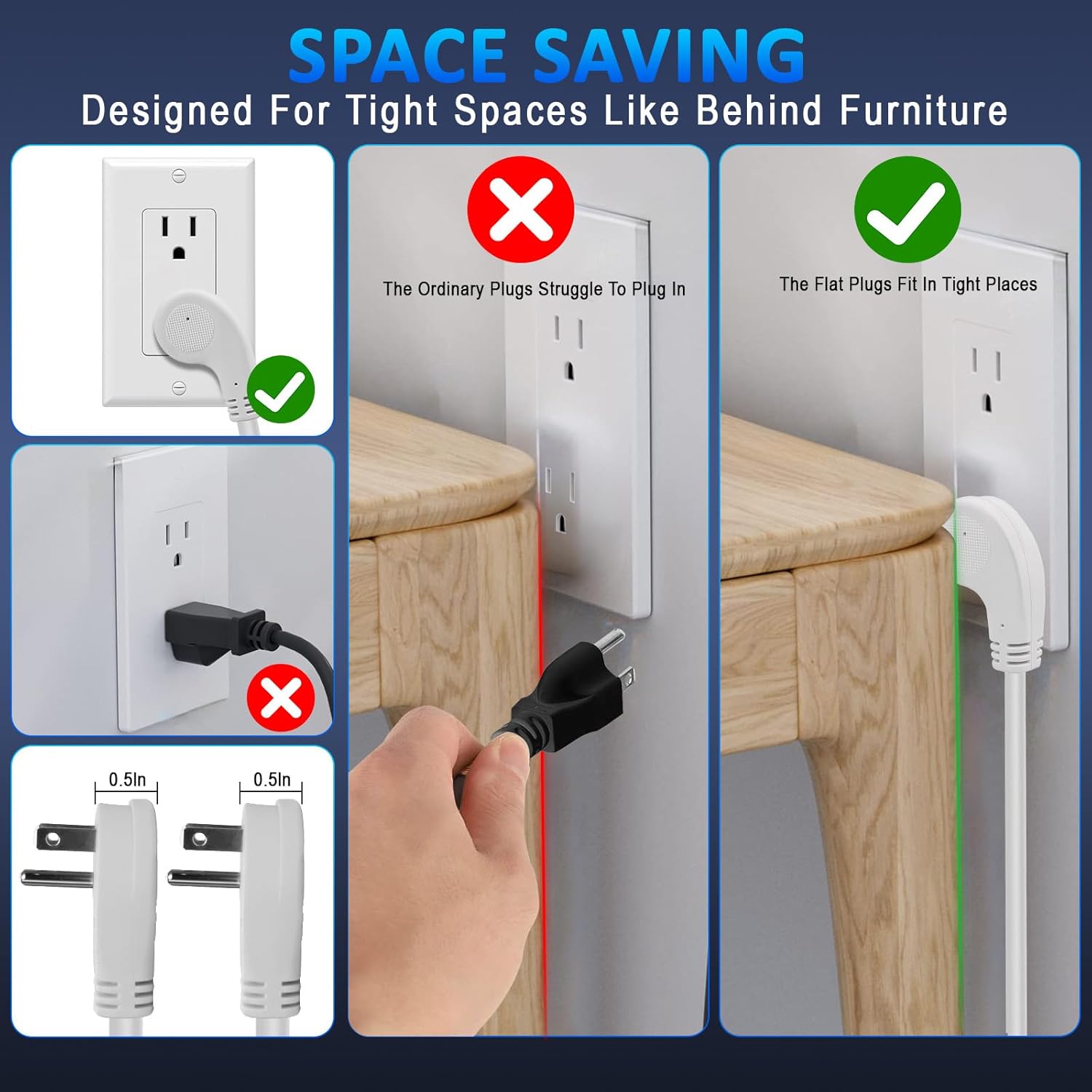 Short Flat Extension Cord - Low Profile Flat Wall Plug, 13A 3-Prong Grounded White Power Cable for Gaming Consoles, Home Theater & Indoor/Outdoor Use (0.98FT)