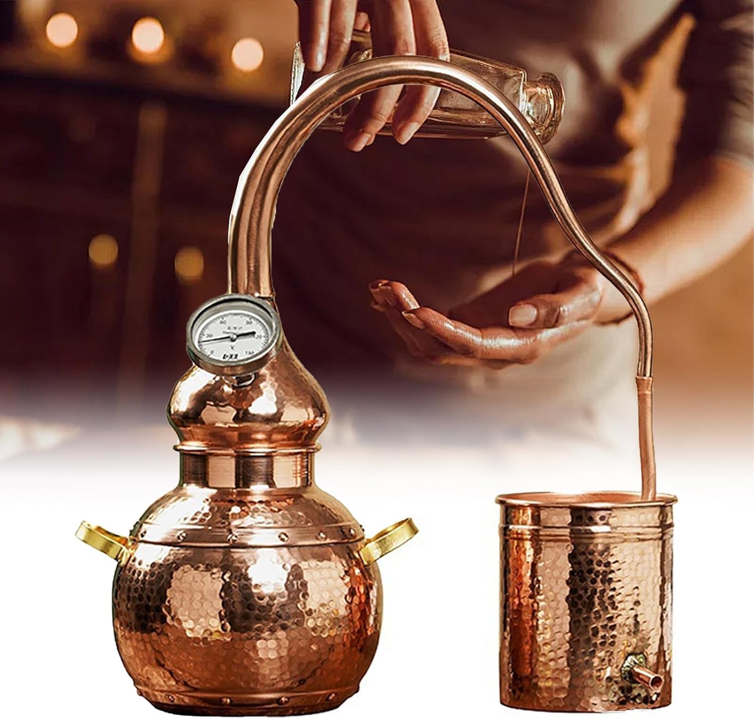 Kit Alambicco da 3 Litri in Rame Puro con Termometro, Tubo di Raffreddamento in Rame, Set per Distillazione per Oli Essenziali, Idrolati Floreali, Distillati Clandestini, Compatibile con Piani