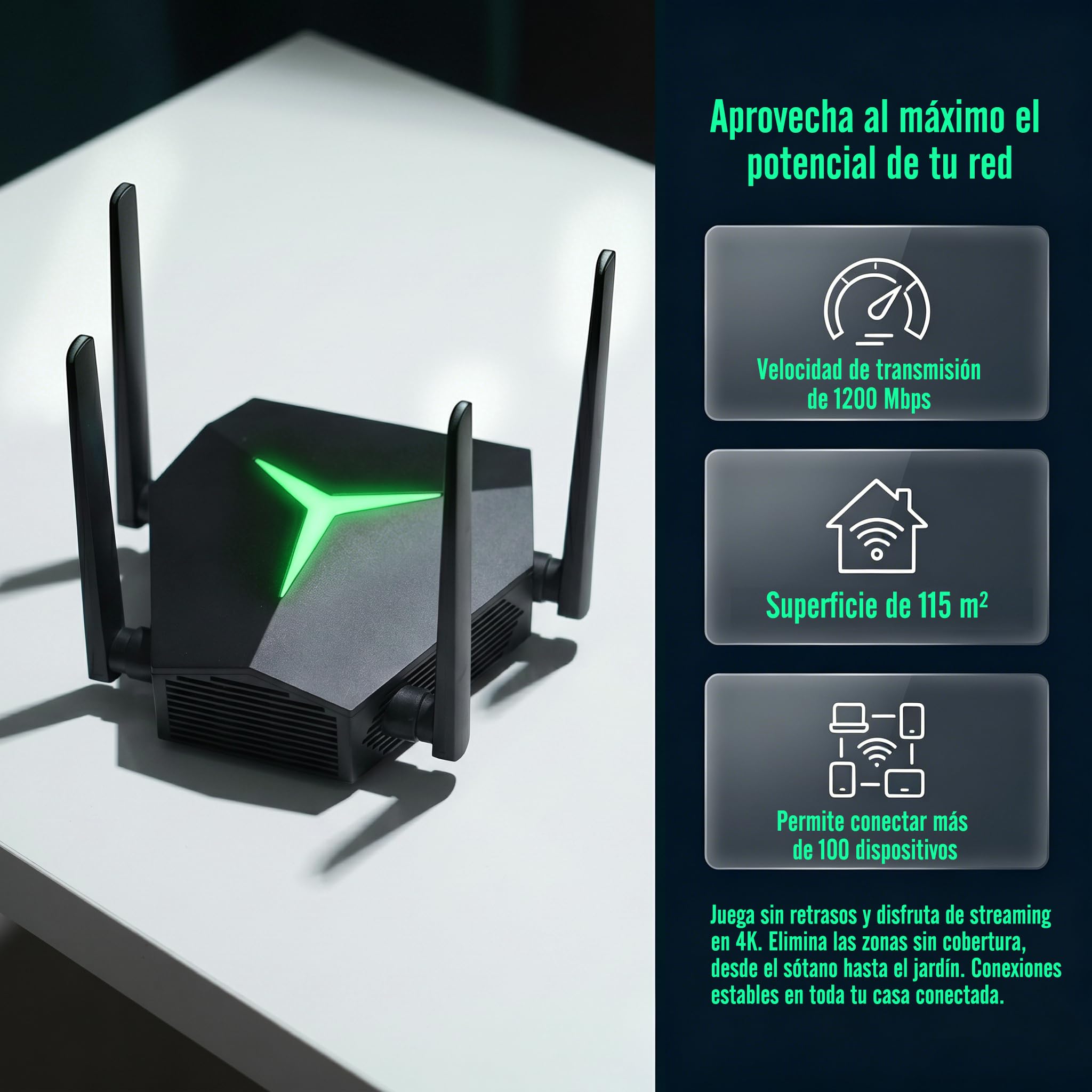 Repetidor WiFi AC1200 1200 Mbps, 1115㎡ Amplia Cobertura WiFi Extender, soporta más de 100 Dispositivos simultáneamente, 4 Antenas tecnología MIMO y Puerto Ethernet